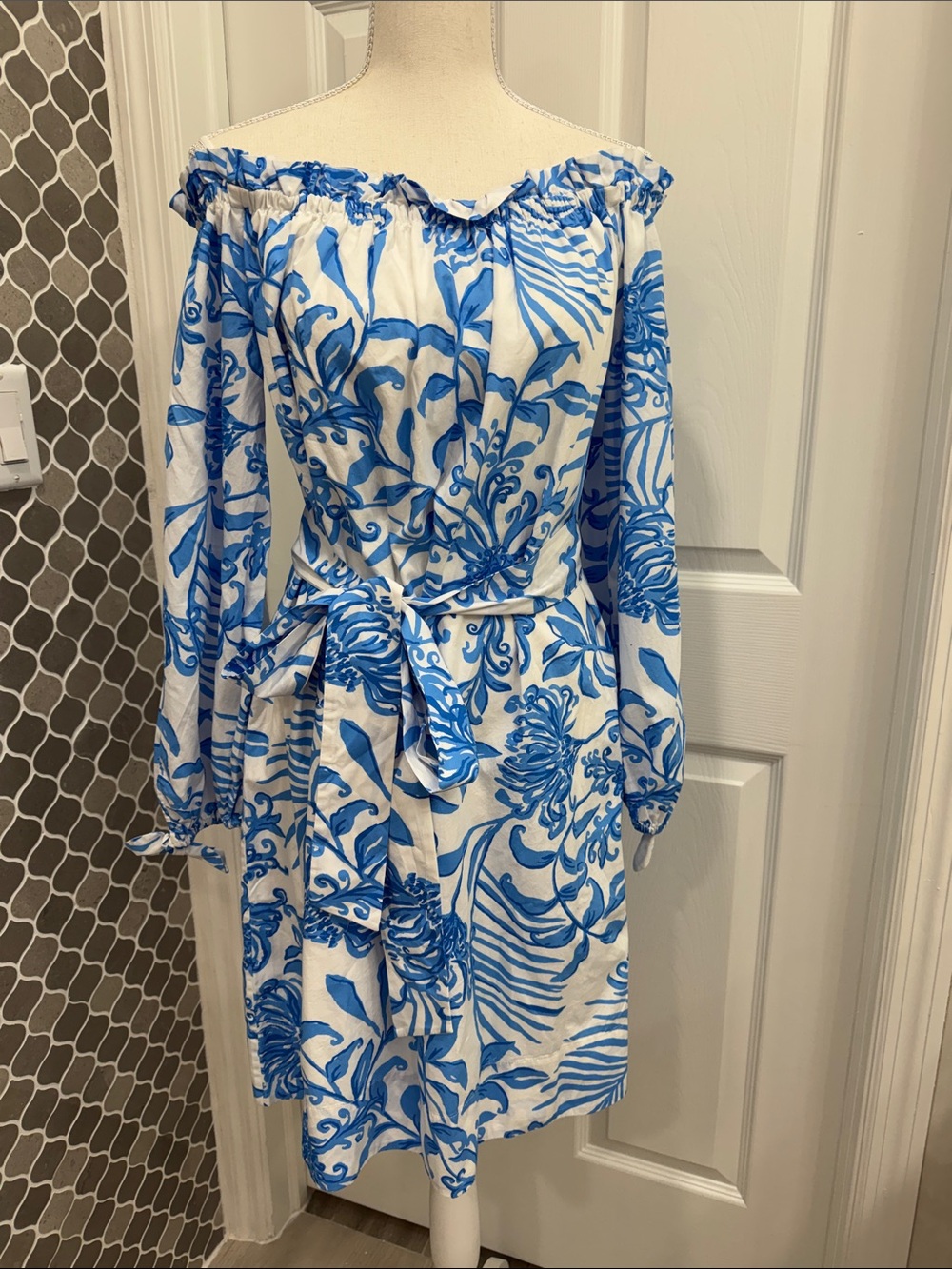 Lilly Pulitzer White Dress with Blue Floral Print — Off-Shoulder Long Sleeve